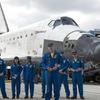 At the Shuttle Landing Facility at NASA's Kennedy Space Center in Florida, the members of space shuttle Discovery’s STS-131 crew comment on their successful mission to the International Space Station following Discovery's landing on Runway 33. At the microphone is Commander Poindexter