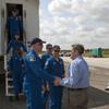 CAPE CANAVERAL, Fla. - At the Shuttle Landing Facility at NASA's Kennedy Space Center in Florida, Kennedy Director Bob Cabana welcomes STS-131 Commander Alan Poindexter back from space following the landing of space shuttle Discovery on Runway 33